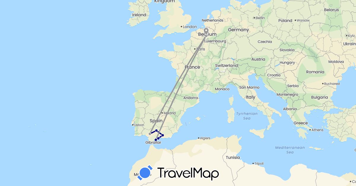 TravelMap itinerary: driving, plane in Belgium, Spain (Europe)